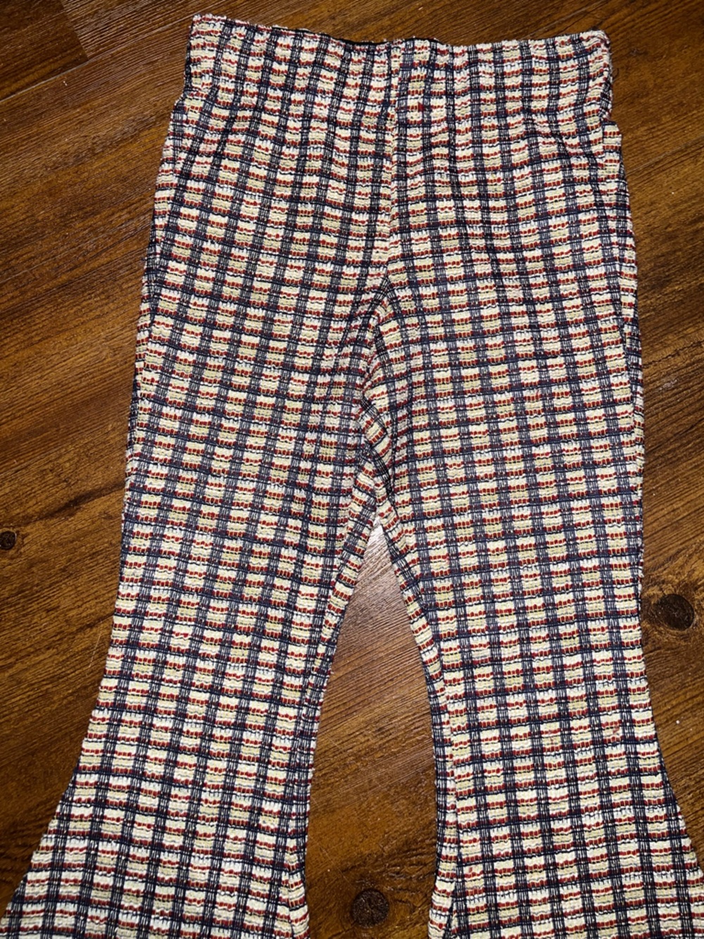 Judith March Retro 70s Tweed Navy Cream Red Plaid Knit Flare Bell Bottoms Size S - Picture 2 of 11